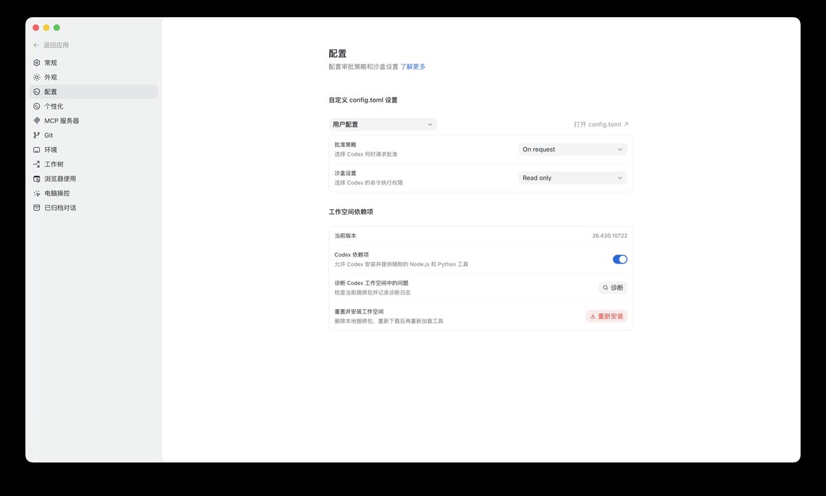 Codex App 配置设置页