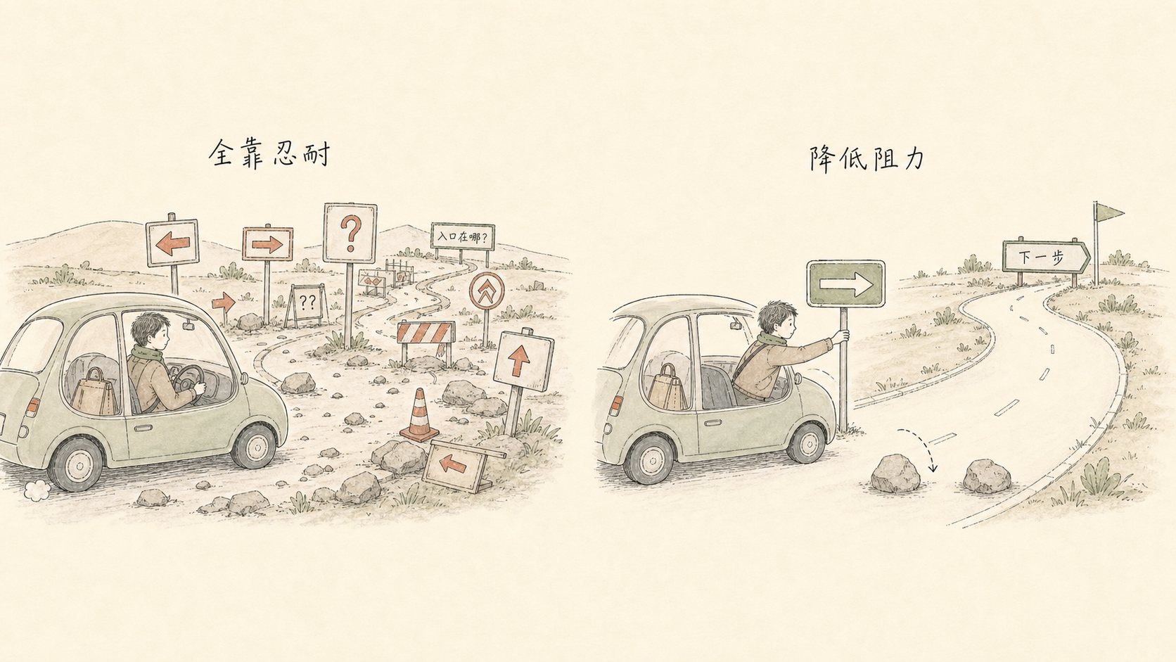 全靠忍耐的复杂道路与降低阻力的清晰道路对比