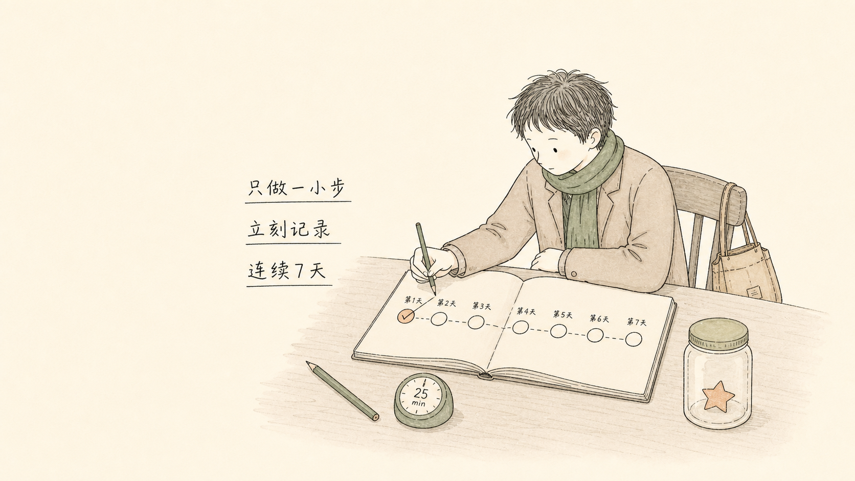 小旅人在手账中记录七天微实验的第一步